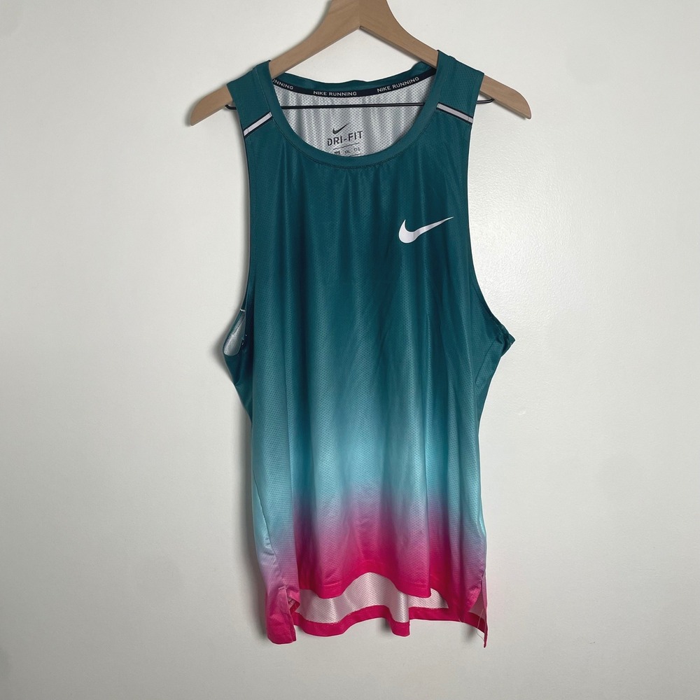 Nike Dri FIT Tank Top Mens XXL Teal Pink Ombre Running Gym Training Activewear